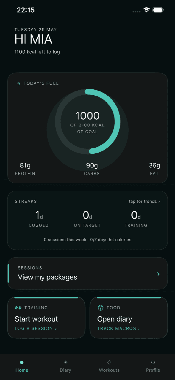 SmartGyms member home screen on iPhone — today's workout, meals and next session