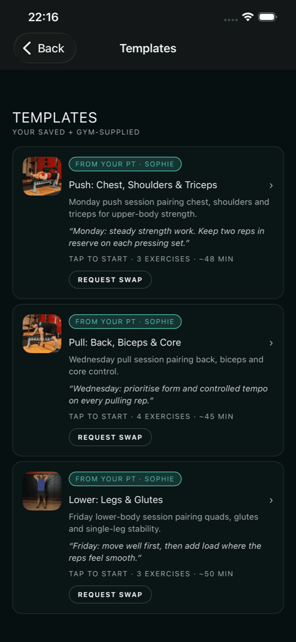 SmartGyms workout split screen on iPhone